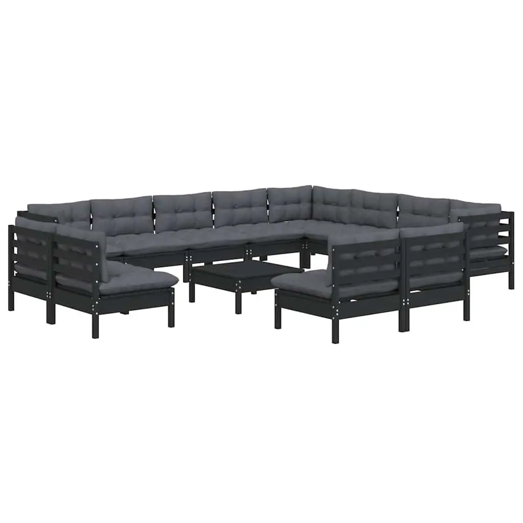 Garden Lounge Set Modular 13 Piece Solid Pinewood Black Cushions Outdoor