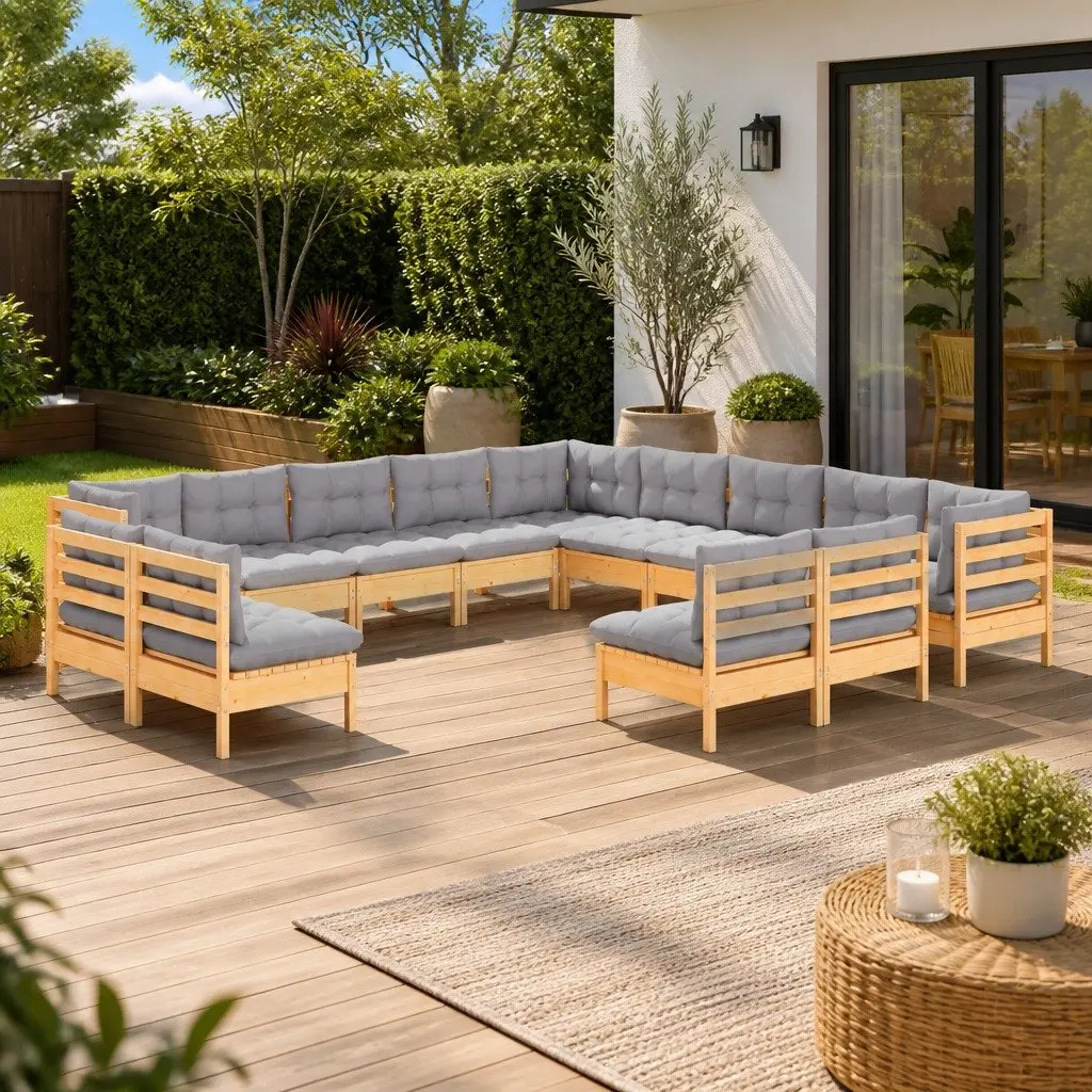 Modular Garden Lounge Set 13 Piece Pinewood Patio Furniture with Grey Cushions