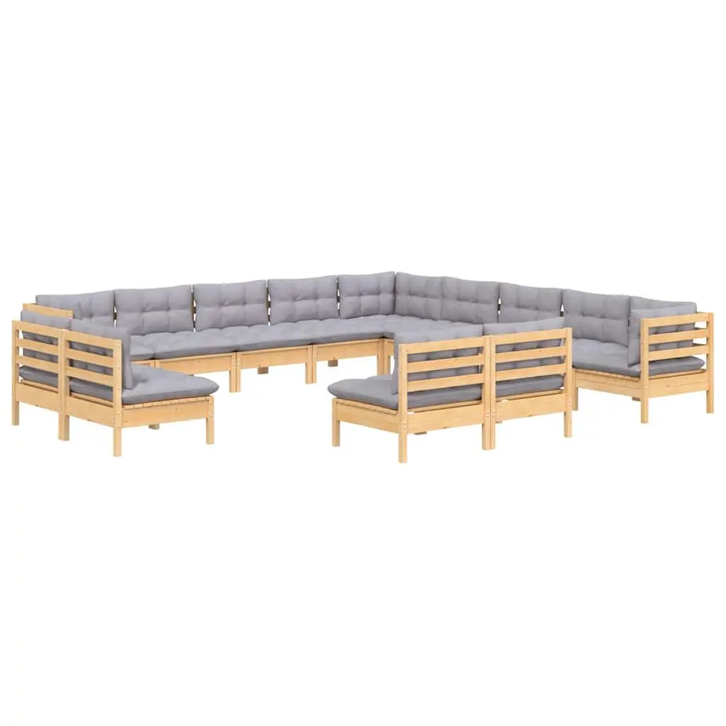 Modular Garden Lounge Set 13 Piece Pinewood Patio Furniture with Grey Cushions