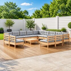 Garden Lounge Set 14 Piece Patio Furniture Solid Pinewood with Grey Cushions