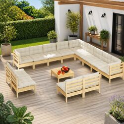 Garden Lounge Set 14 Piece Outdoor Patio Furniture Modular Solid Wood Cream