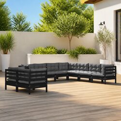 Garden Lounge Set 9 Piece Outdoor Patio Furniture Black Solid Pinewood with
