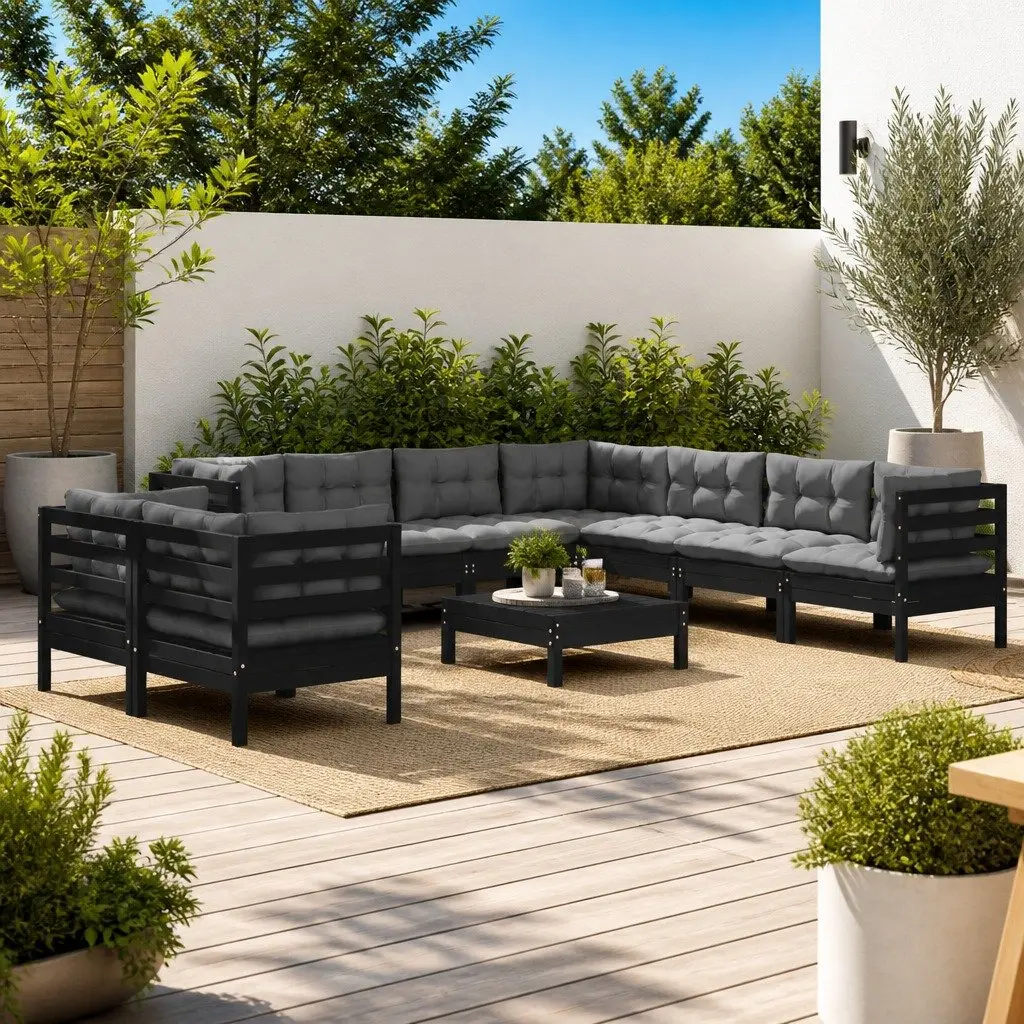 Modular 10 Piece Garden Lounge Set Black Outdoor Patio Furniture with Cushions