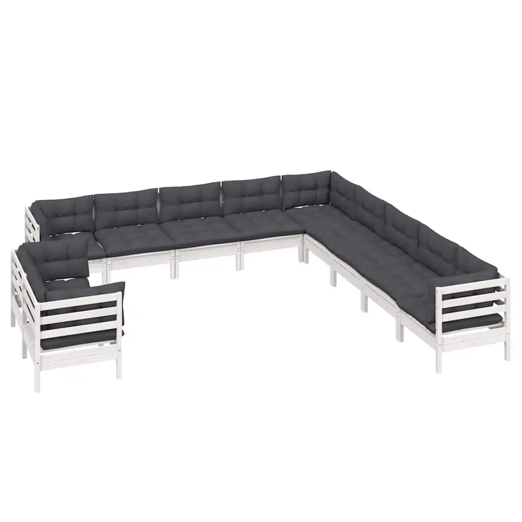 11 Piece Patio Garden Lounge Set Modular Solid Pinewood Furniture with Cushions White