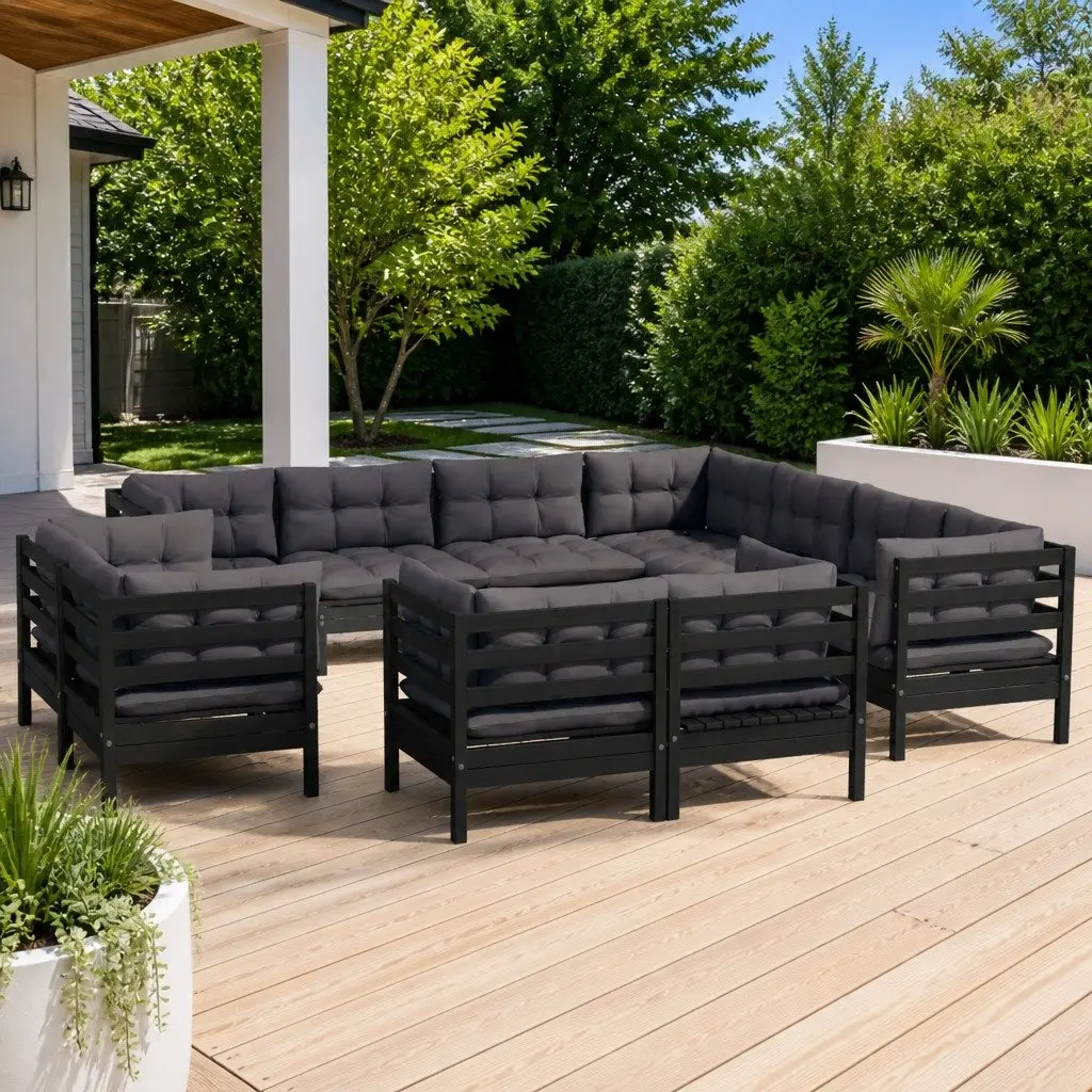 Garden Lounge Set 11 Piece Outdoor Furniture Black Pinewood with Cushions