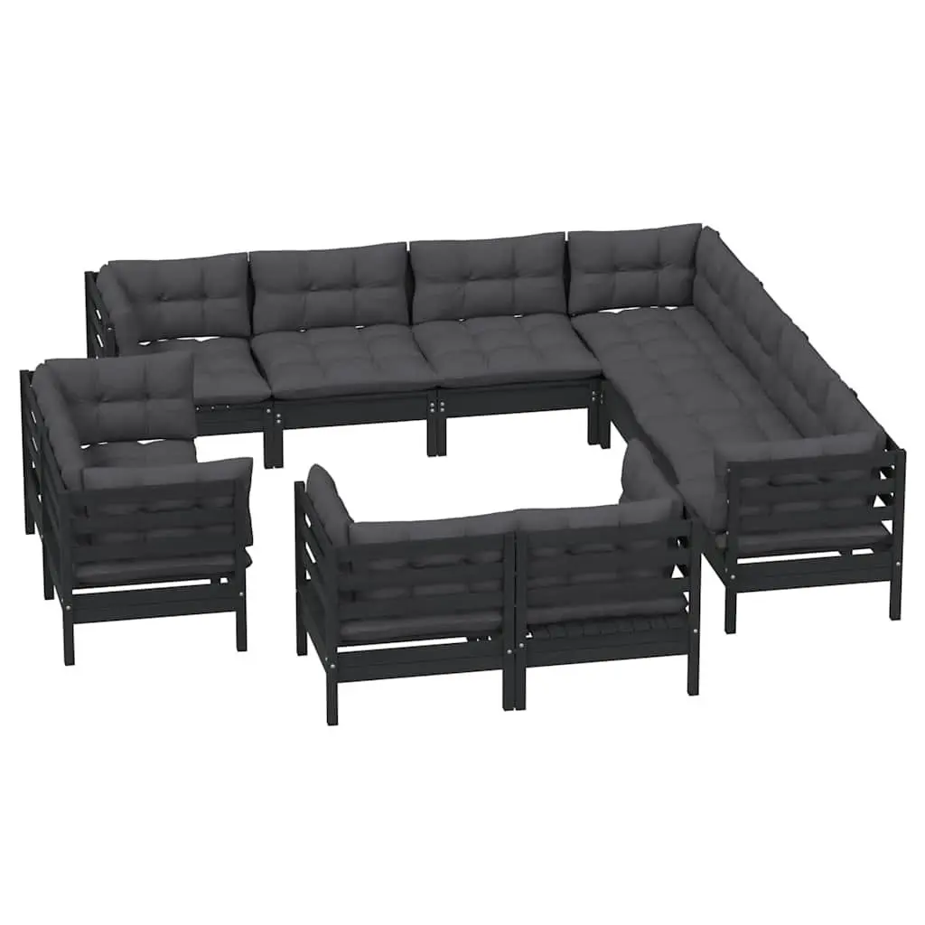 Garden Lounge Set 11 Piece Outdoor Furniture Black Pinewood with Cushions
