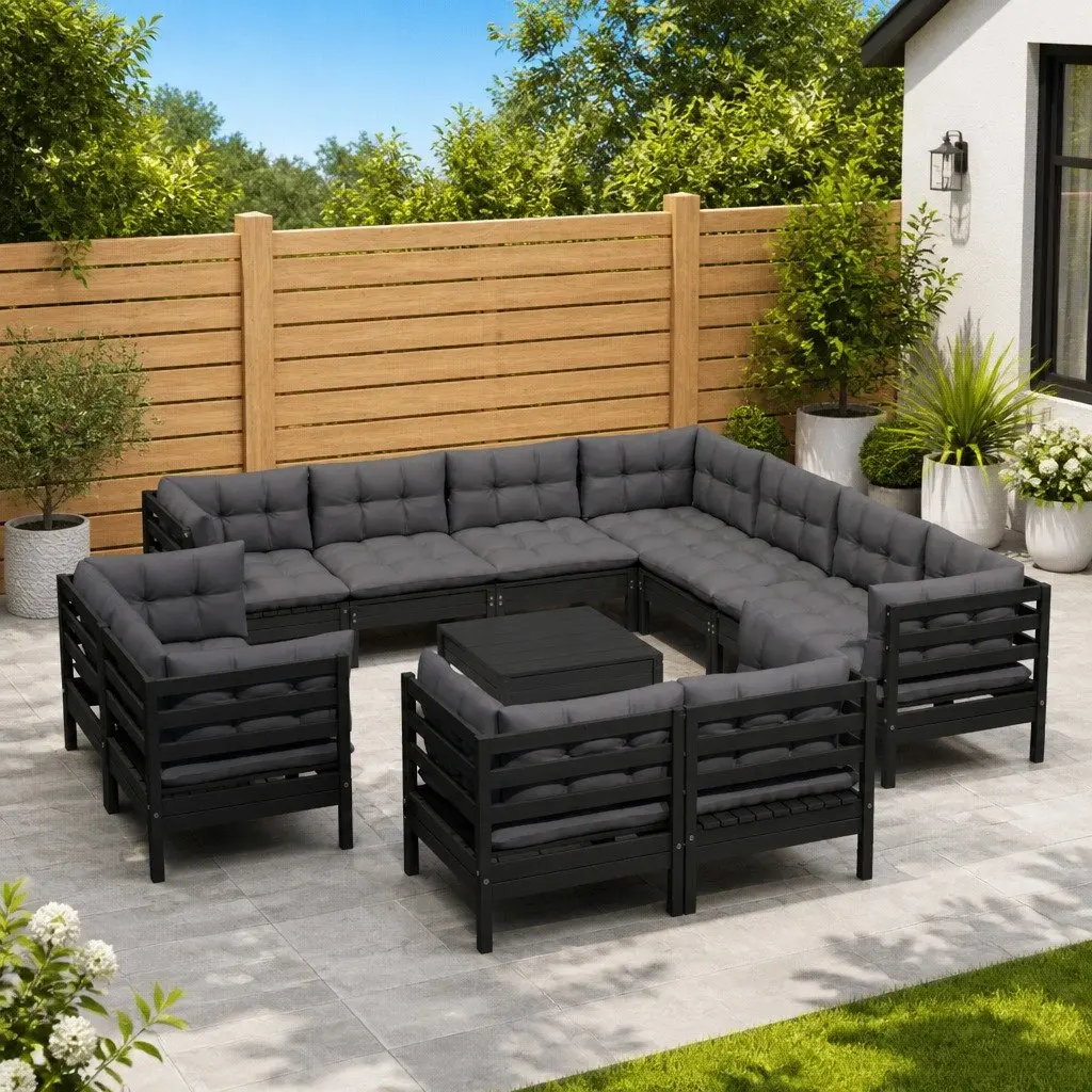 Pinewood Outdoor Lounge Set 12 Piece Black Furniture with Cushions Garden Patio