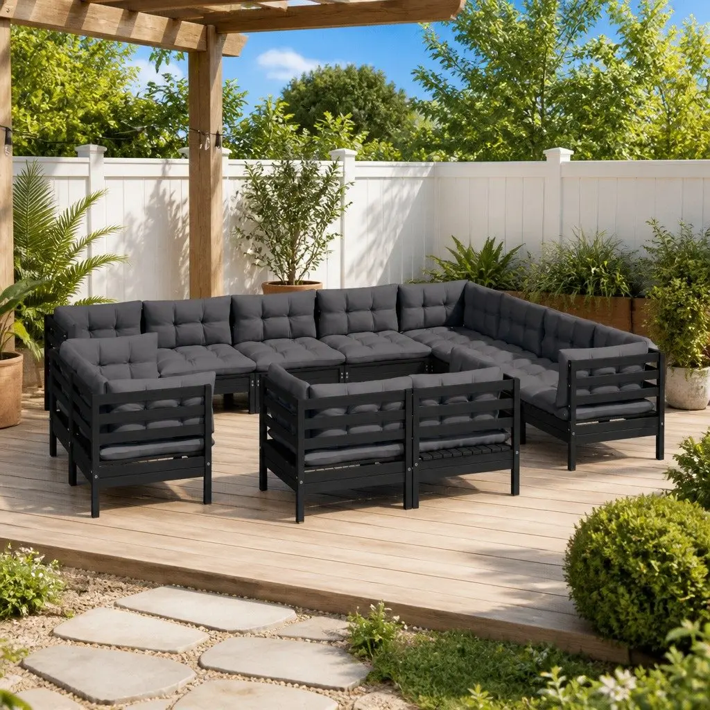 Garden Lounge Set 12 Piece Outdoor Patio Furniture Black Pinewood with Cushions