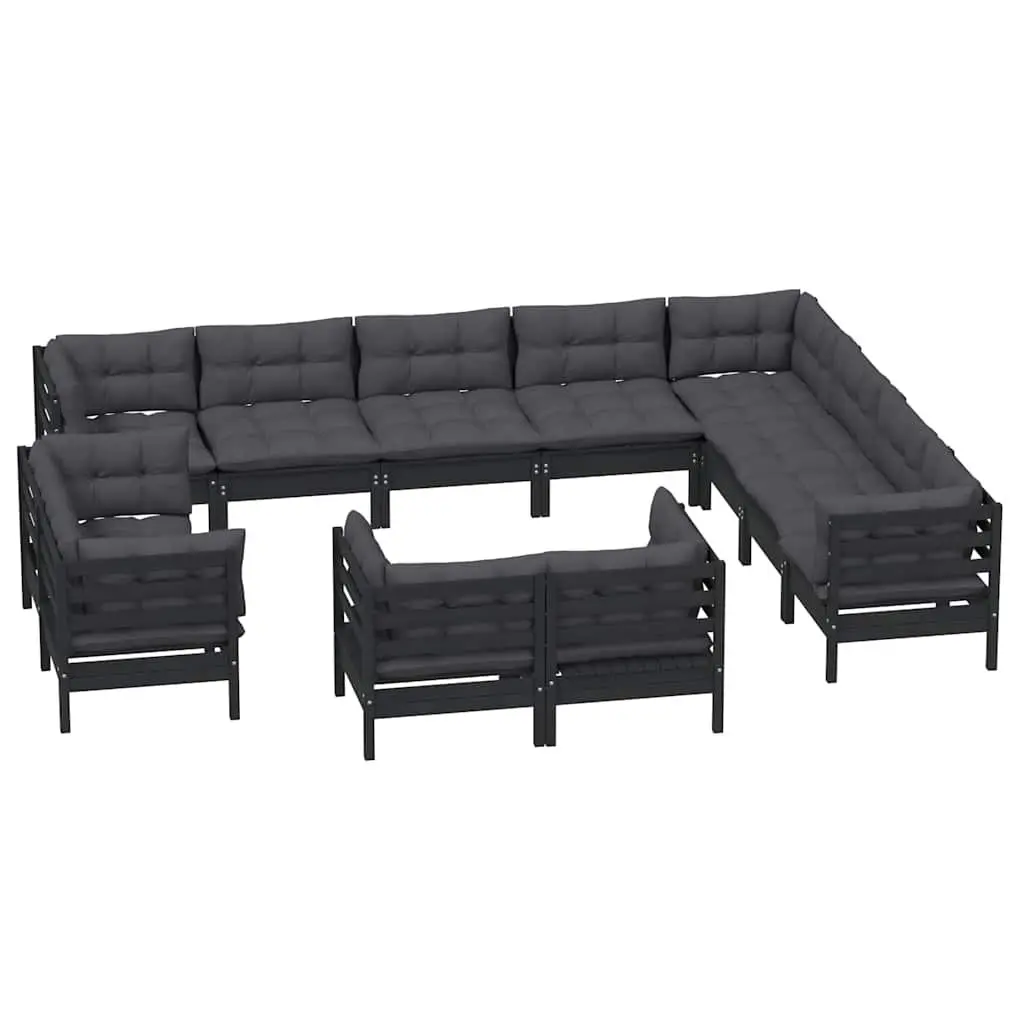 Garden Lounge Set 12 Piece Outdoor Patio Furniture Black Pinewood with Cushions