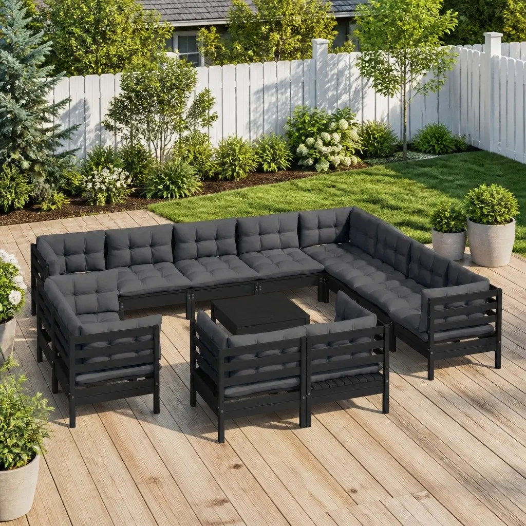 Modular Outdoor Furniture Lounge Set 13 Pieces Black Cushioned Solid Pinewood
