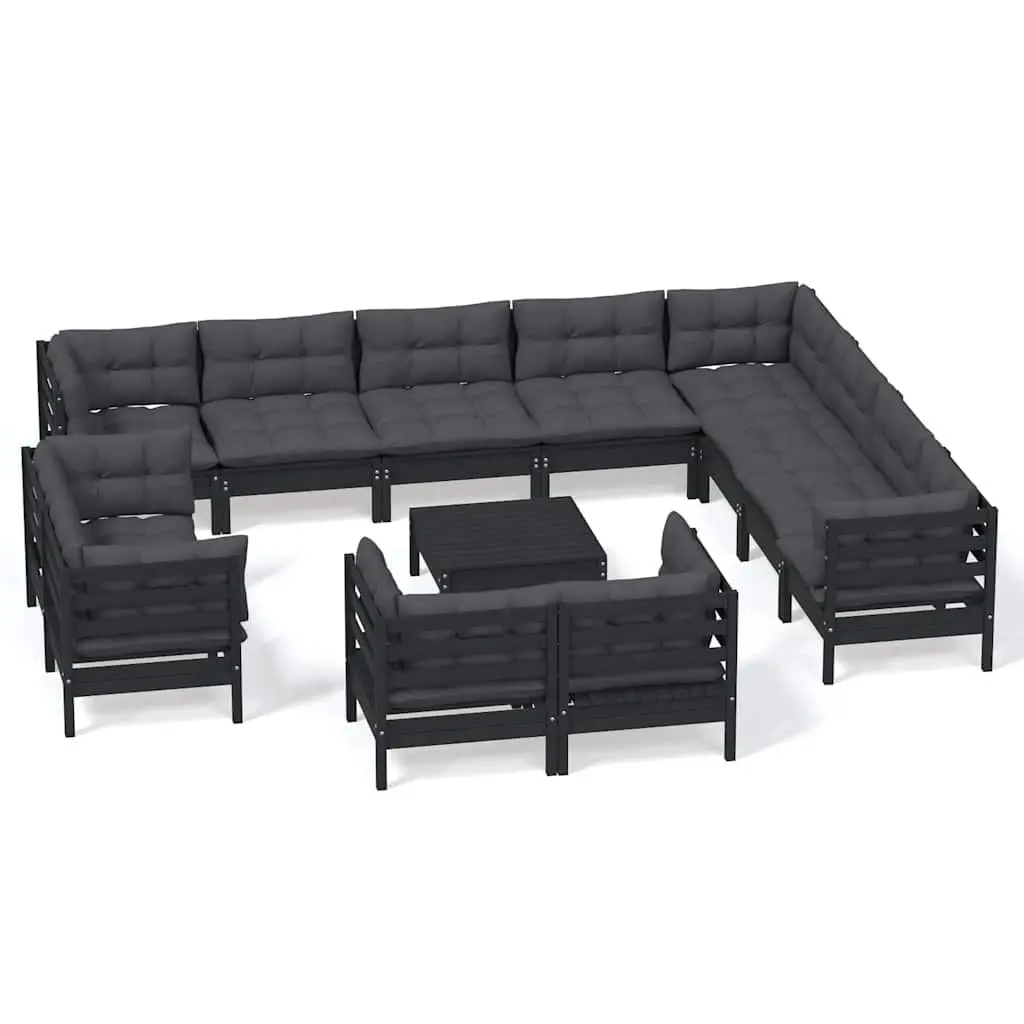 Modular Outdoor Furniture Lounge Set 13 Pieces Black Cushioned Solid Pinewood