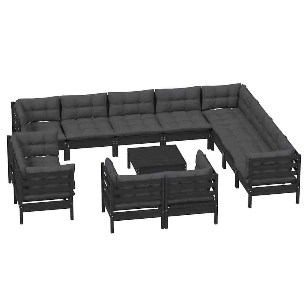 Modular Outdoor Furniture Lounge Set 13 Pieces Black Cushioned Solid Pinewood