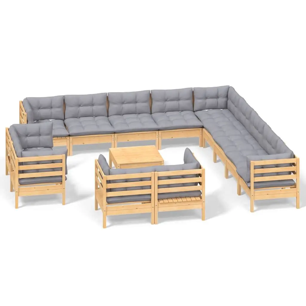 Garden Lounge Set 14 Piece Outdoor Patio Furniture Grey Cushions Pinewood