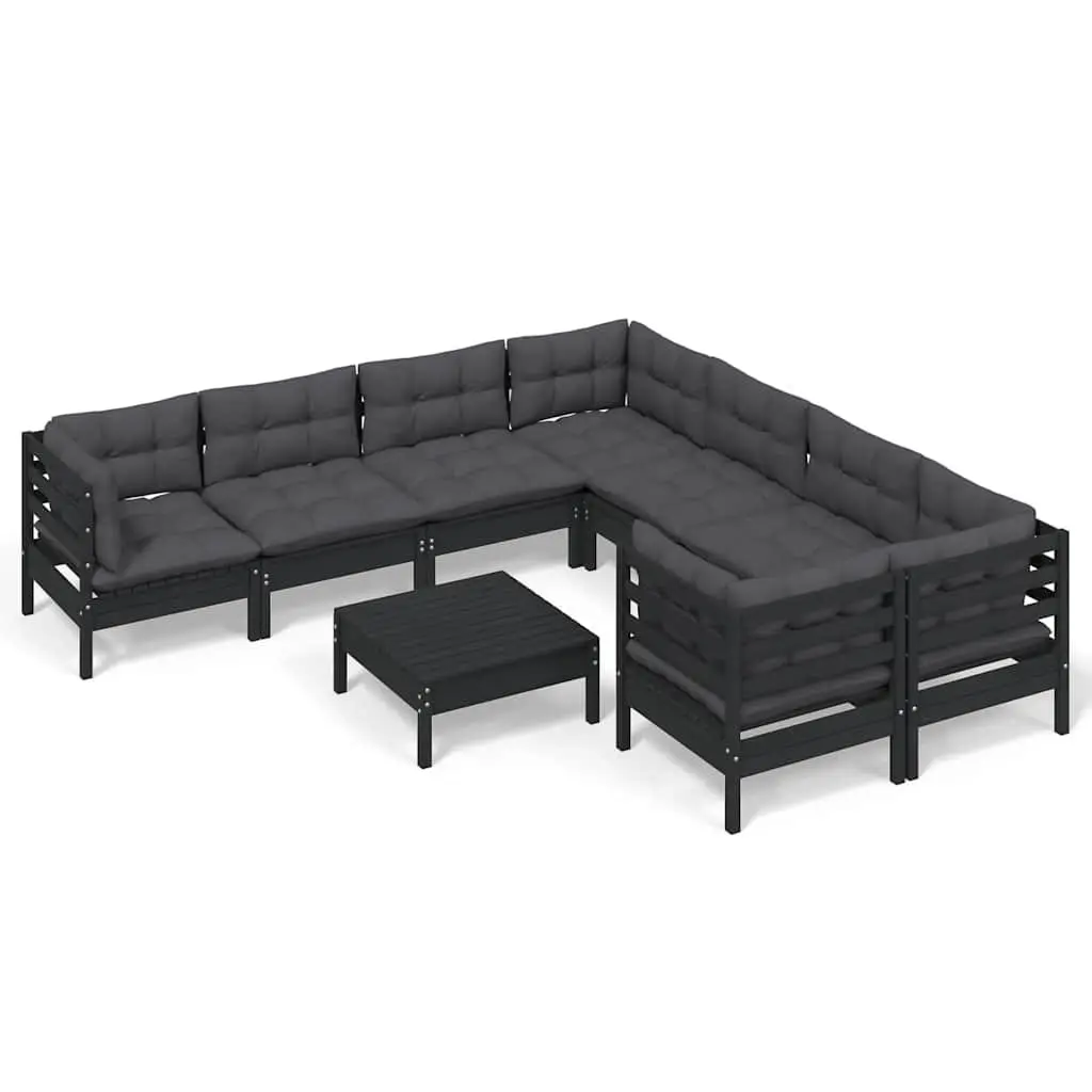 Modular Garden Lounge Set Black Pinewood Outdoor Furniture 9 Piece with Cushions