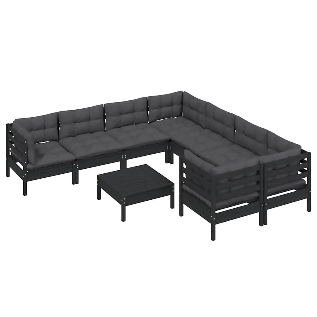 Modular Garden Lounge Set Black Pinewood Outdoor Furniture 9 Piece with Cushions