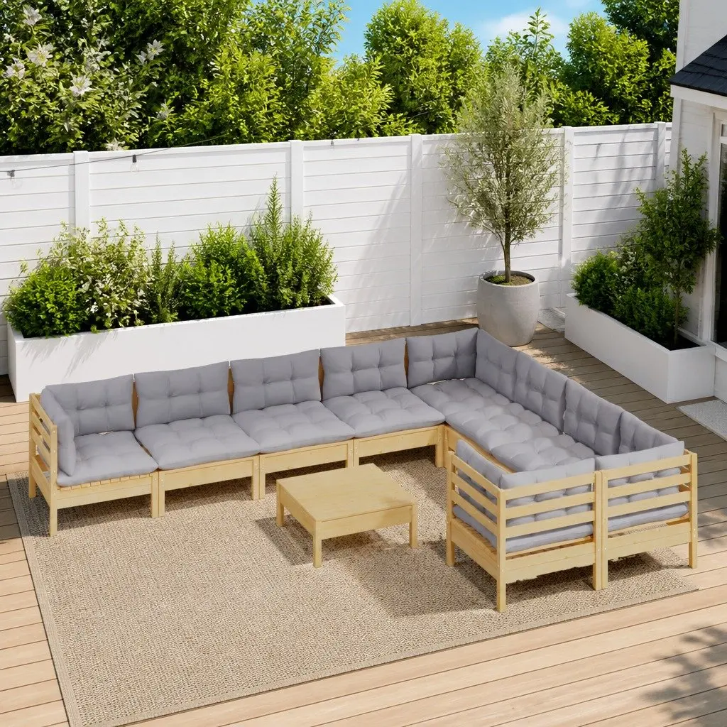 Garden Lounge Set Modular Outdoor Furniture 10 Piece with Grey Cushions Pinewood