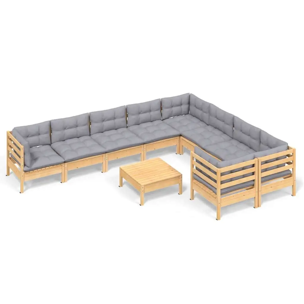 Garden Lounge Set Modular Outdoor Furniture 10 Piece with Grey Cushions Pinewood
