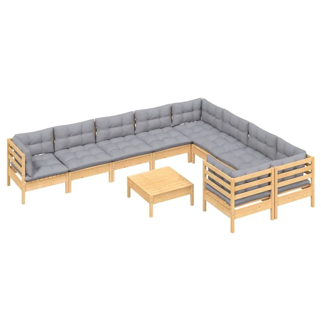 Garden Lounge Set Modular Outdoor Furniture 10 Piece with Grey Cushions Pinewood