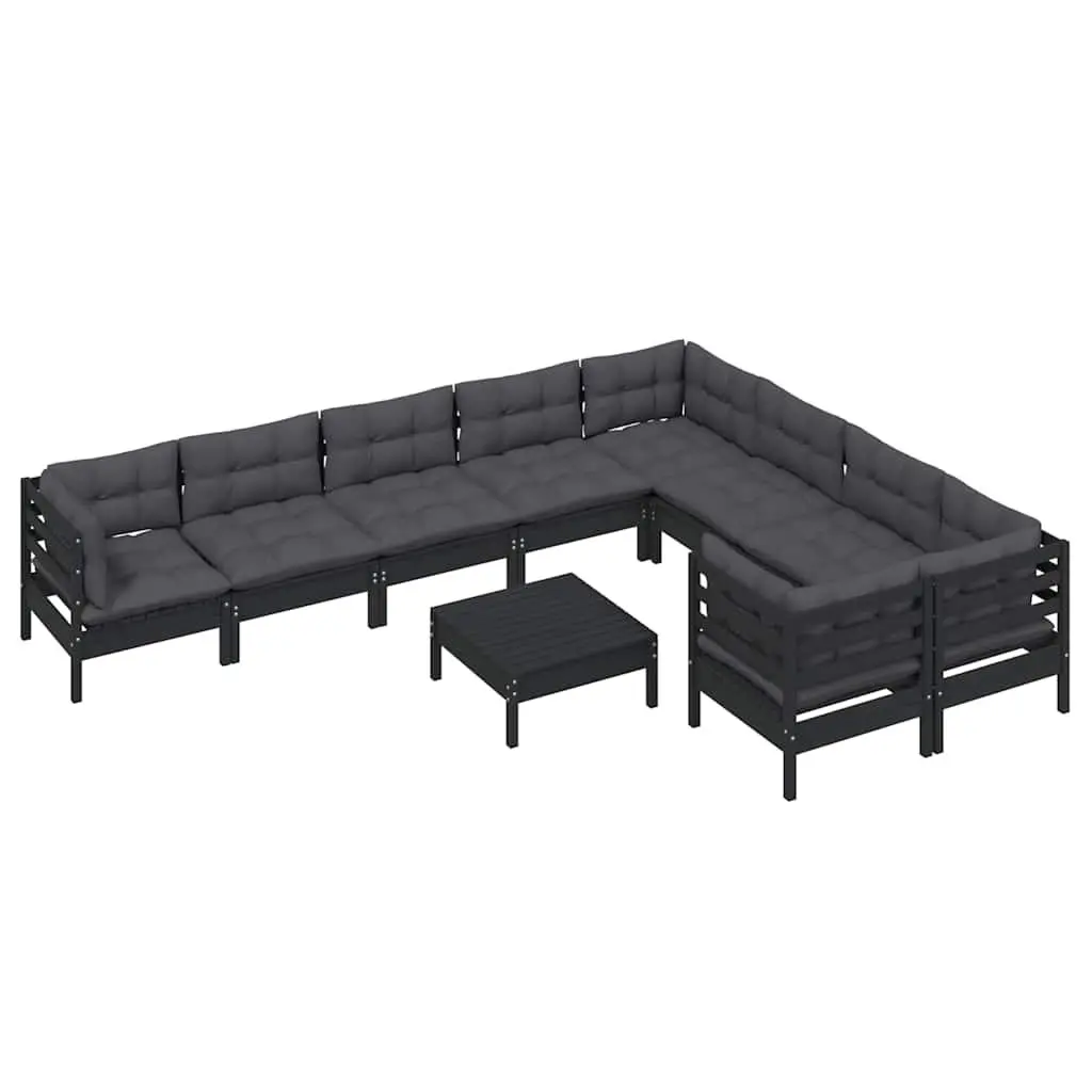 Garden Lounge Set 10 Piece Outdoor Patio Furniture Black Pinewood with Cushions