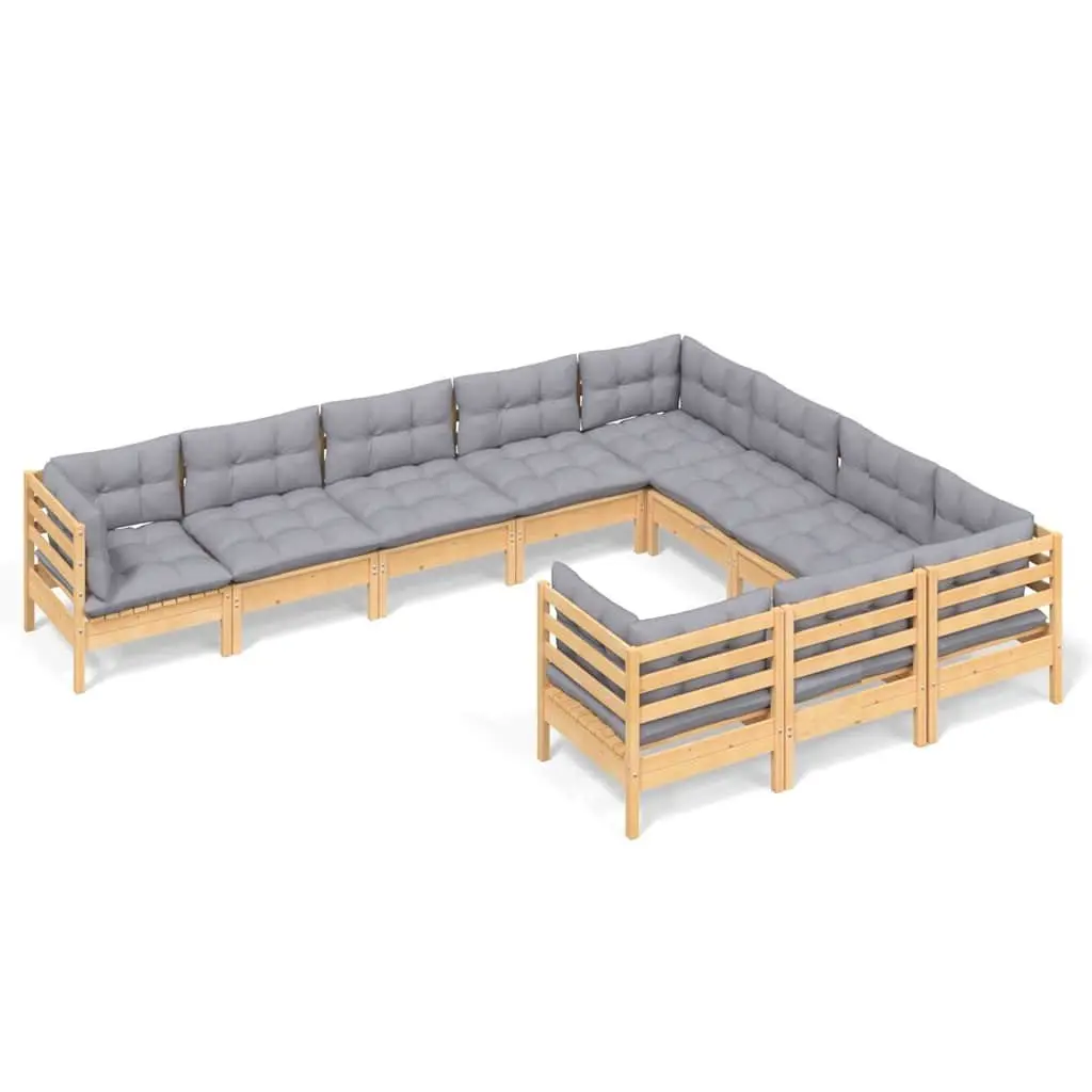 Garden Lounge Set 10 Piece Modular Patio Furniture Grey Cushions Pinewood