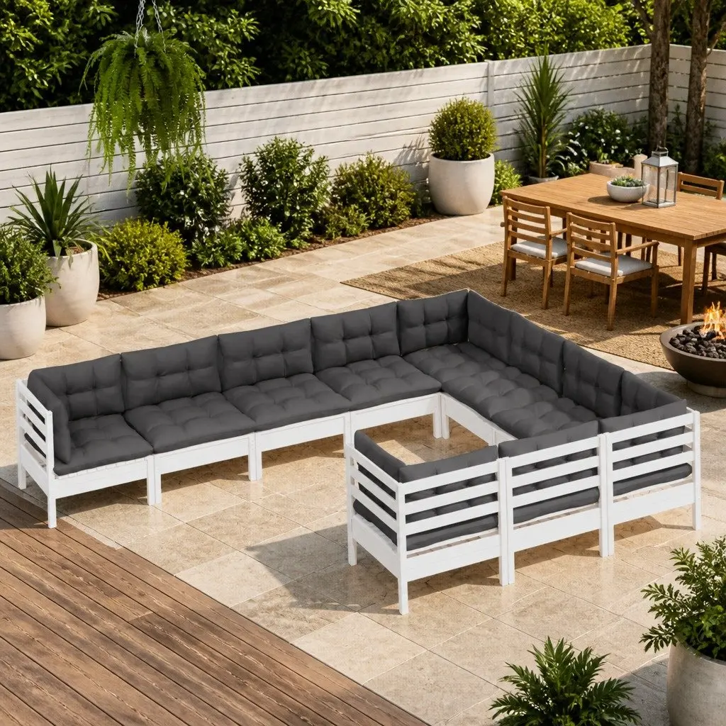Garden Lounge Set 10 Piece White Pinewood Patio Furniture with Cushions Modular