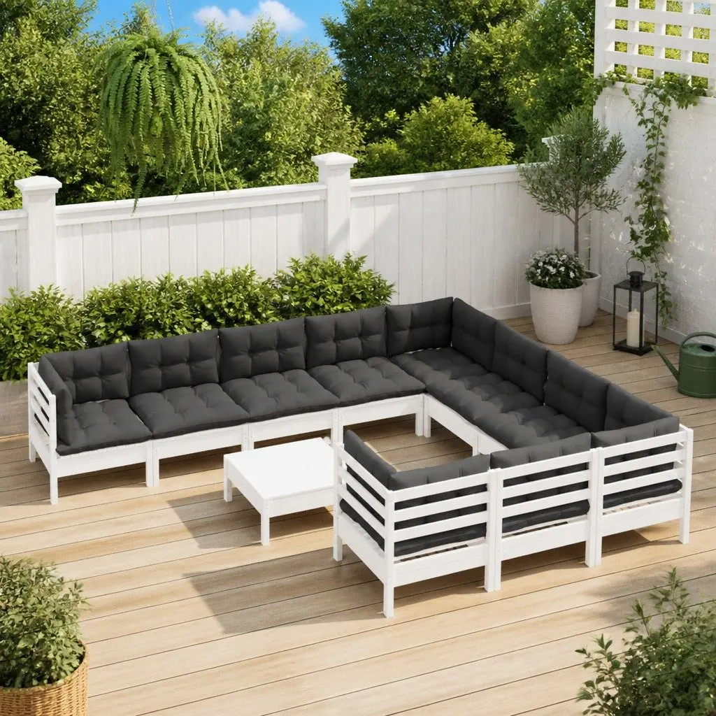 Garden Lounge Set White Pinewood 11 Piece Outdoor Furniture with Cushions