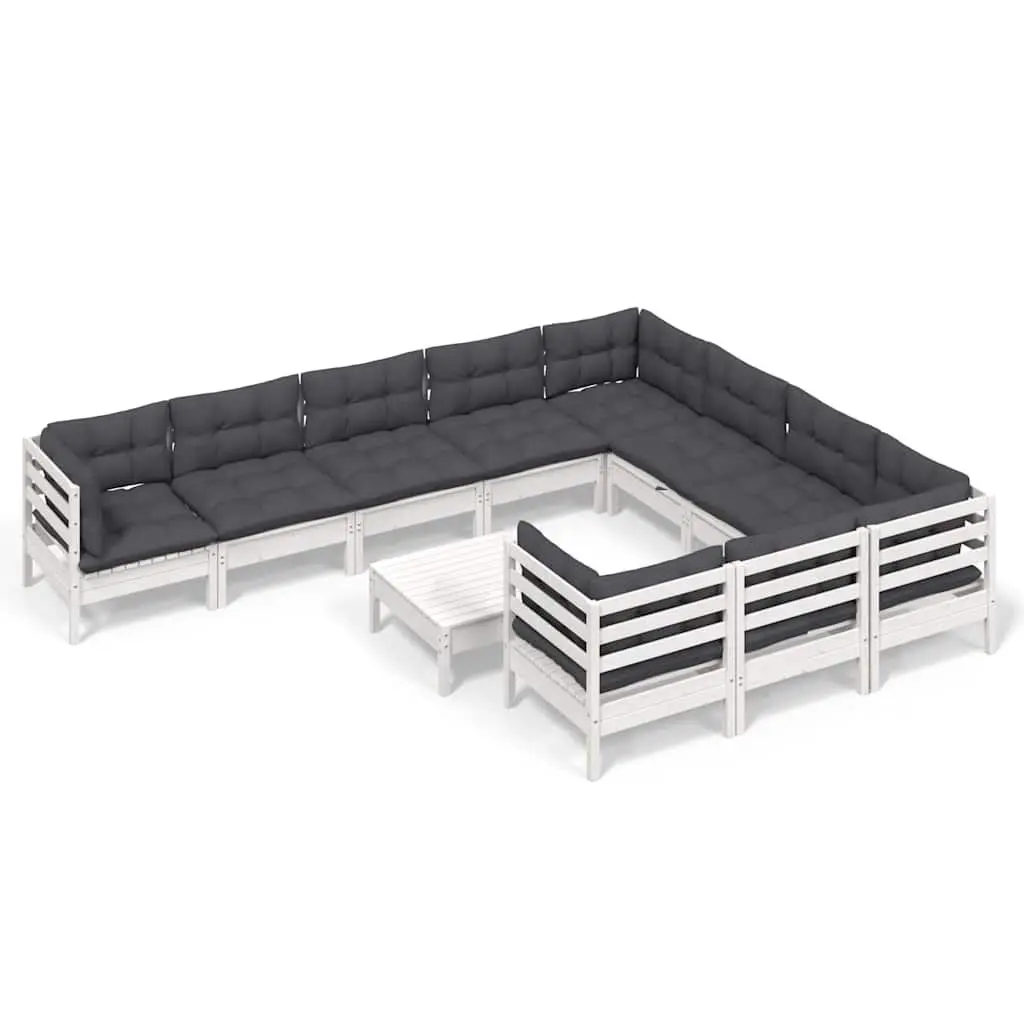 Garden Lounge Set White Pinewood 11 Piece Outdoor Furniture with Cushions