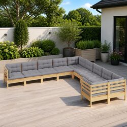 Garden Lounge Set 10 Piece Outdoor Patio Furniture with Grey Cushions Pinewood