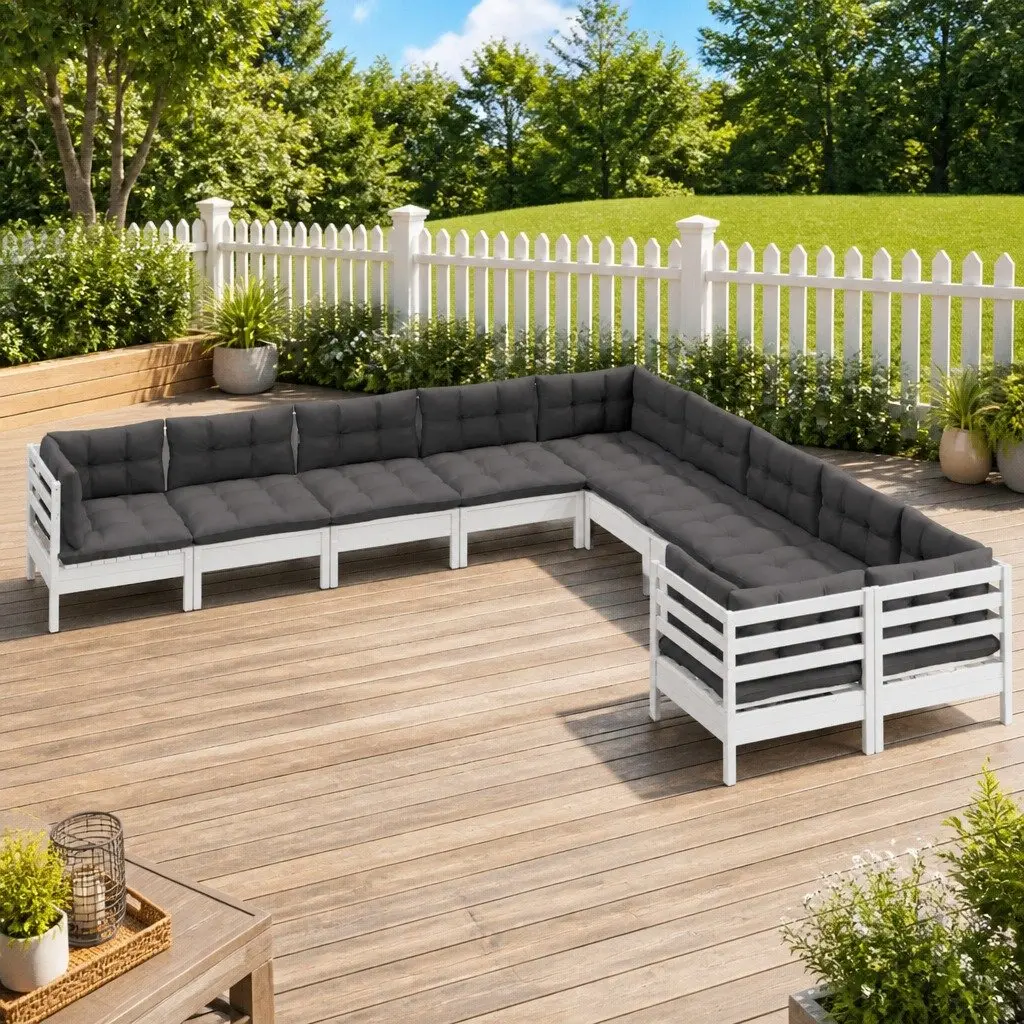 10 Piece Modular Garden Lounge Set White Pinewood with Cushions Outdoor Furniture