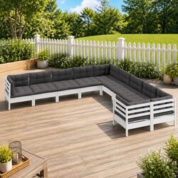 Garden Lounge Set 10 Piece Outdoor Furniture White Pinewood with Cushions Patio