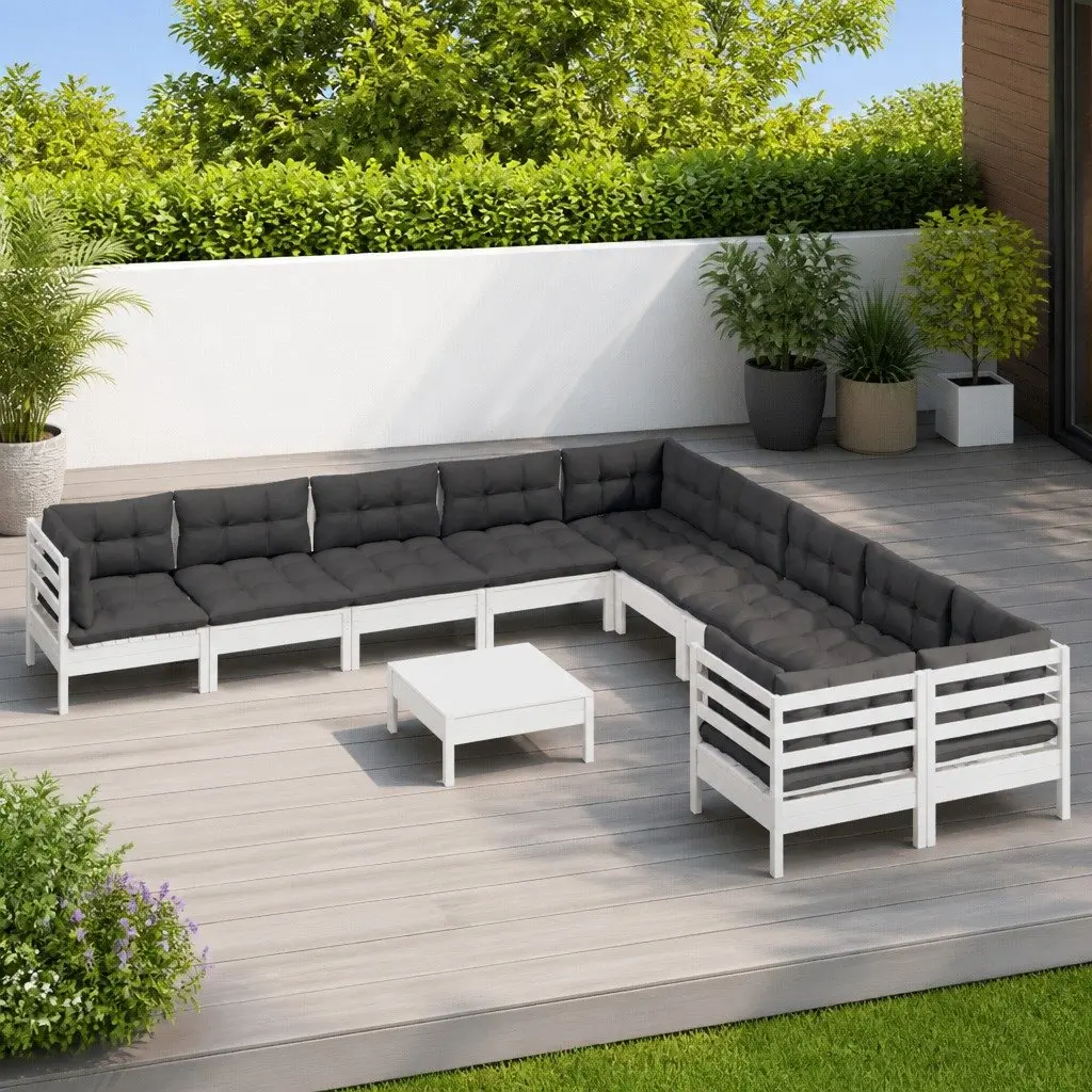 Wooden Garden Lounge Set 11 Piece Outdoor Patio Furniture with Cushions White
