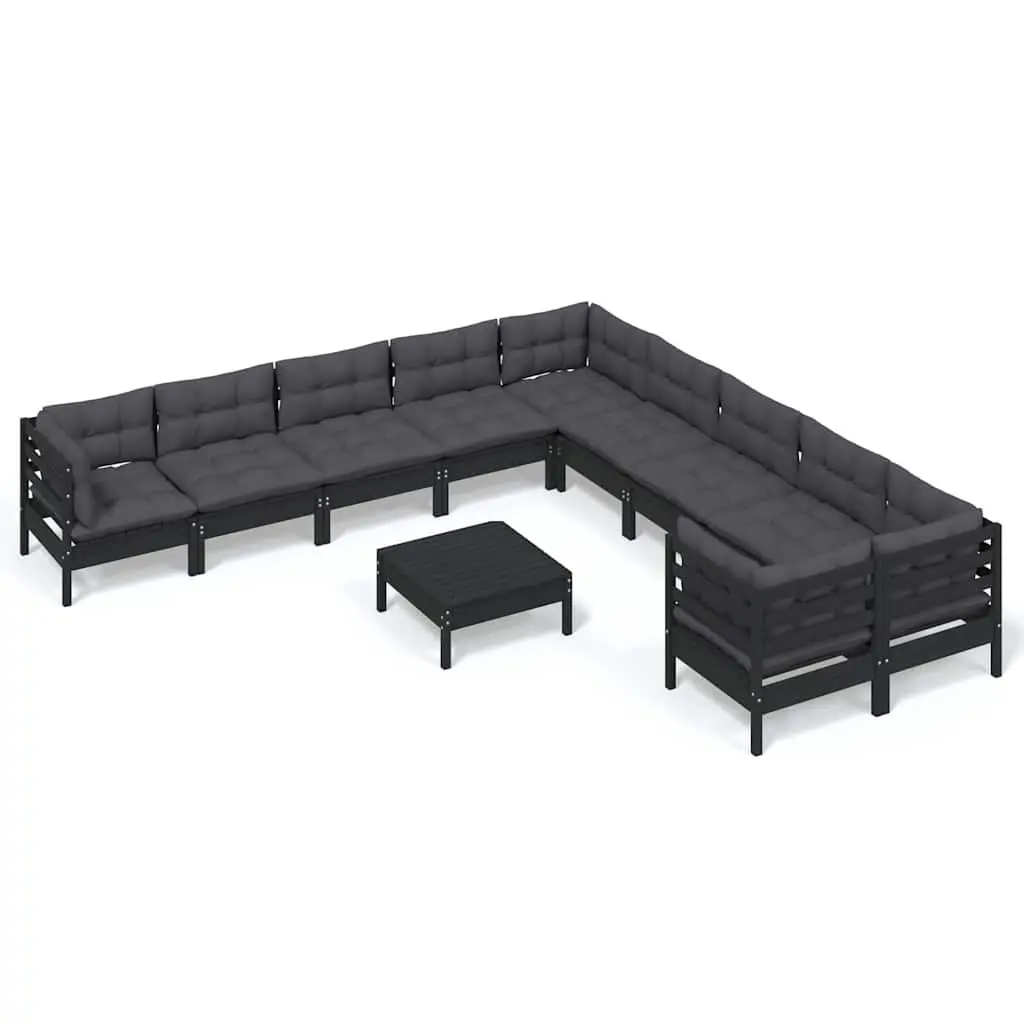 Garden Lounge Set 11 Piece Outdoor Patio Furniture Black Pinewood with Cushions