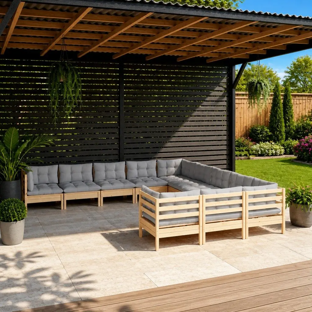 Garden Lounge Set 11 Piece Outdoor Patio Furniture Grey Cushions Pinewood