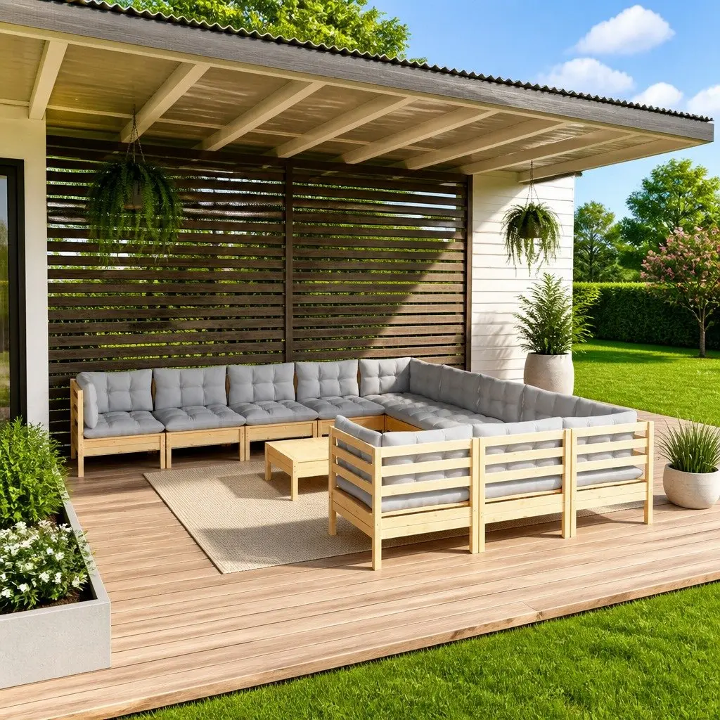 Garden Lounge Set Modular 12 Piece Wooden Patio Furniture Grey Cushions