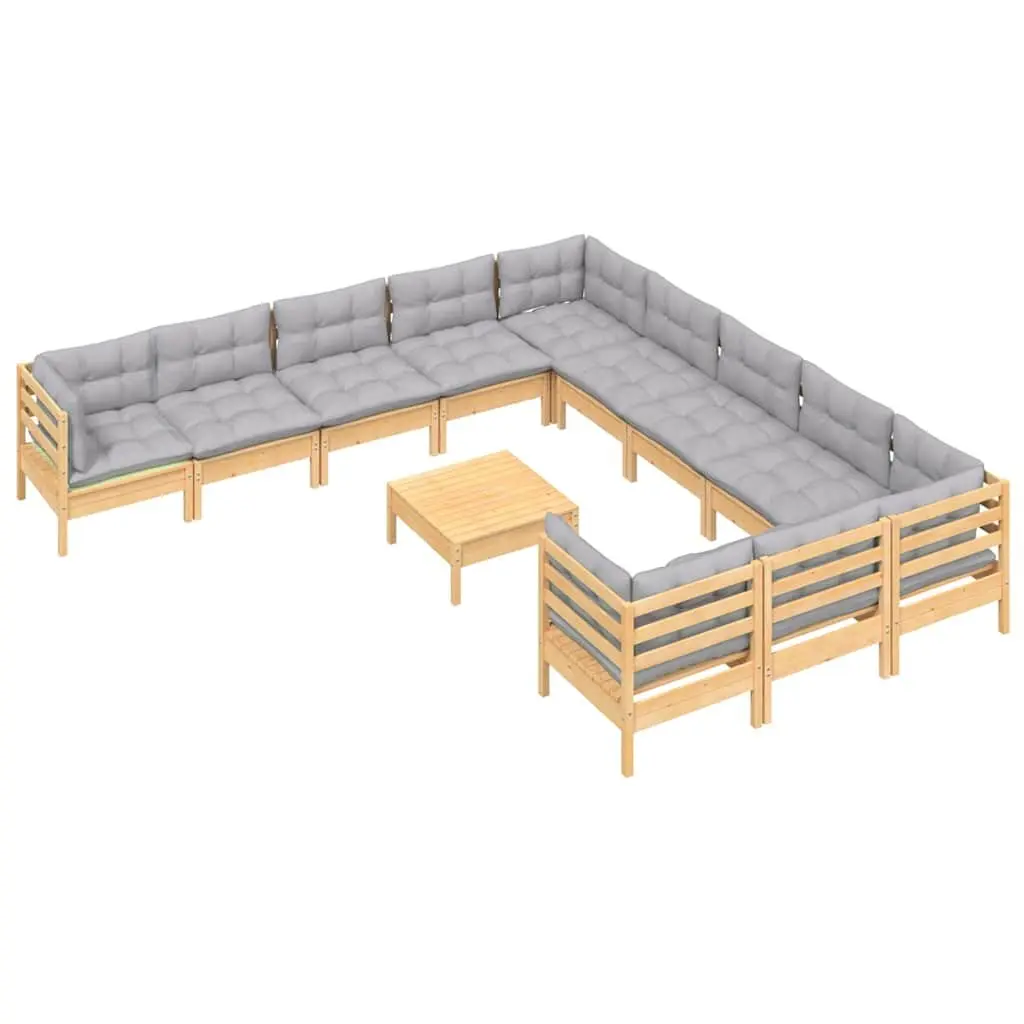 Garden Lounge Set Modular 12 Piece Wooden Patio Furniture Grey Cushions