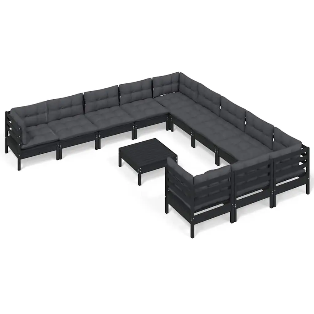 Garden Lounge Set 12 Piece Black Pinewood Outdoor Patio Furniture with Cushions
