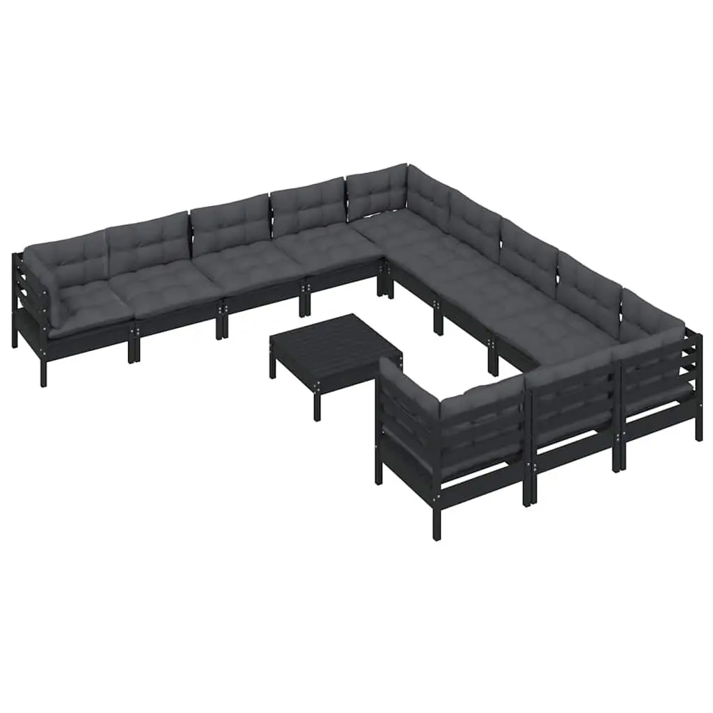 Garden Lounge Set 12 Piece Black Pinewood Outdoor Patio Furniture with Cushions