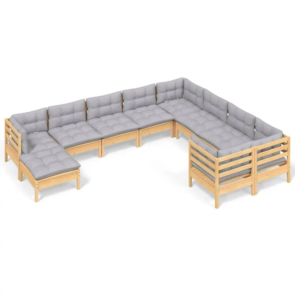 Garden Lounge Set 10 Piece Outdoor Patio Furniture with Grey Cushions Pinewood