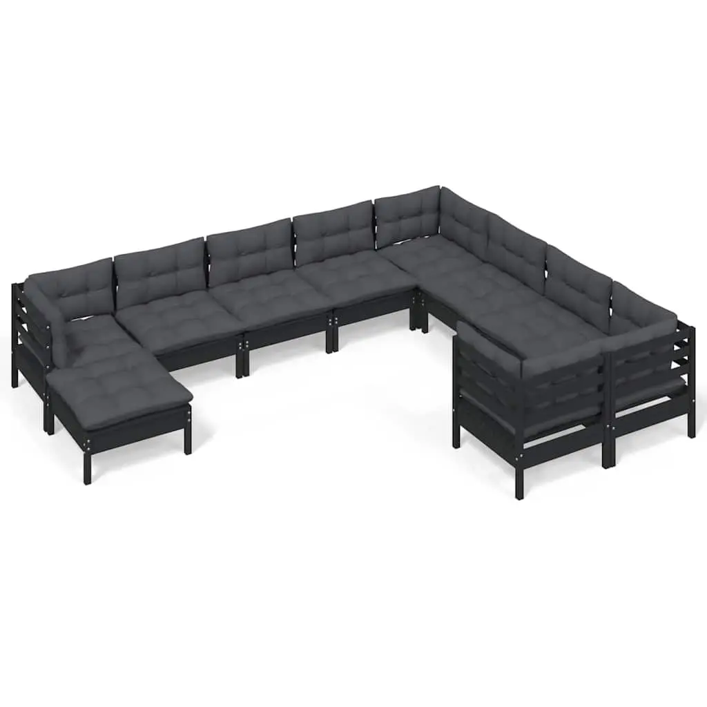 Garden Lounge Set 10 Piece with Cushions Black Pinewood Outdoor Furniture
