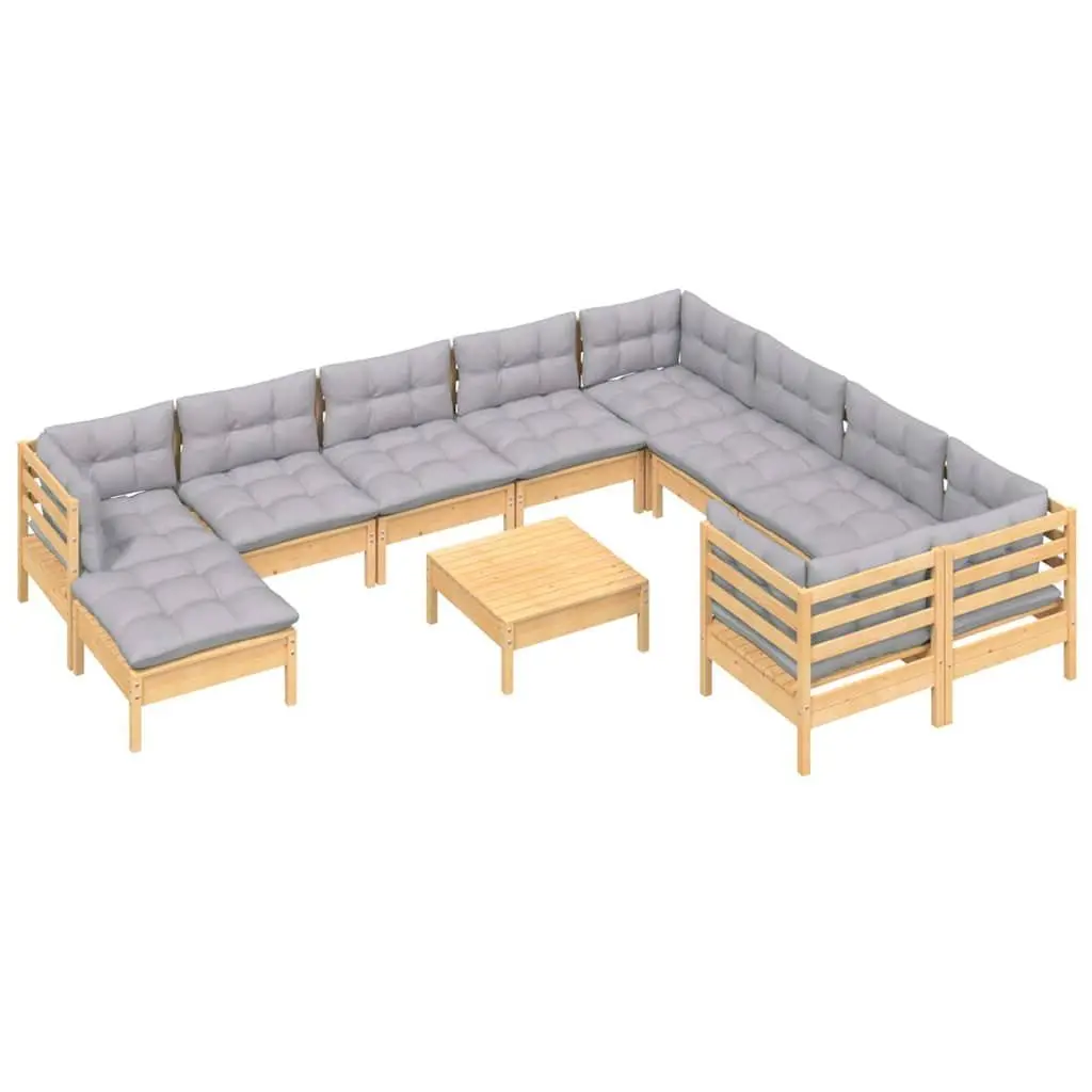 Garden Lounge Set 11 Piece Outdoor Patio Furniture Grey Cushions Pinewood