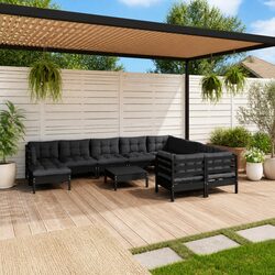 Garden Lounge Set 11 Piece Outdoor Patio Furniture Black Pinewood with Cushions