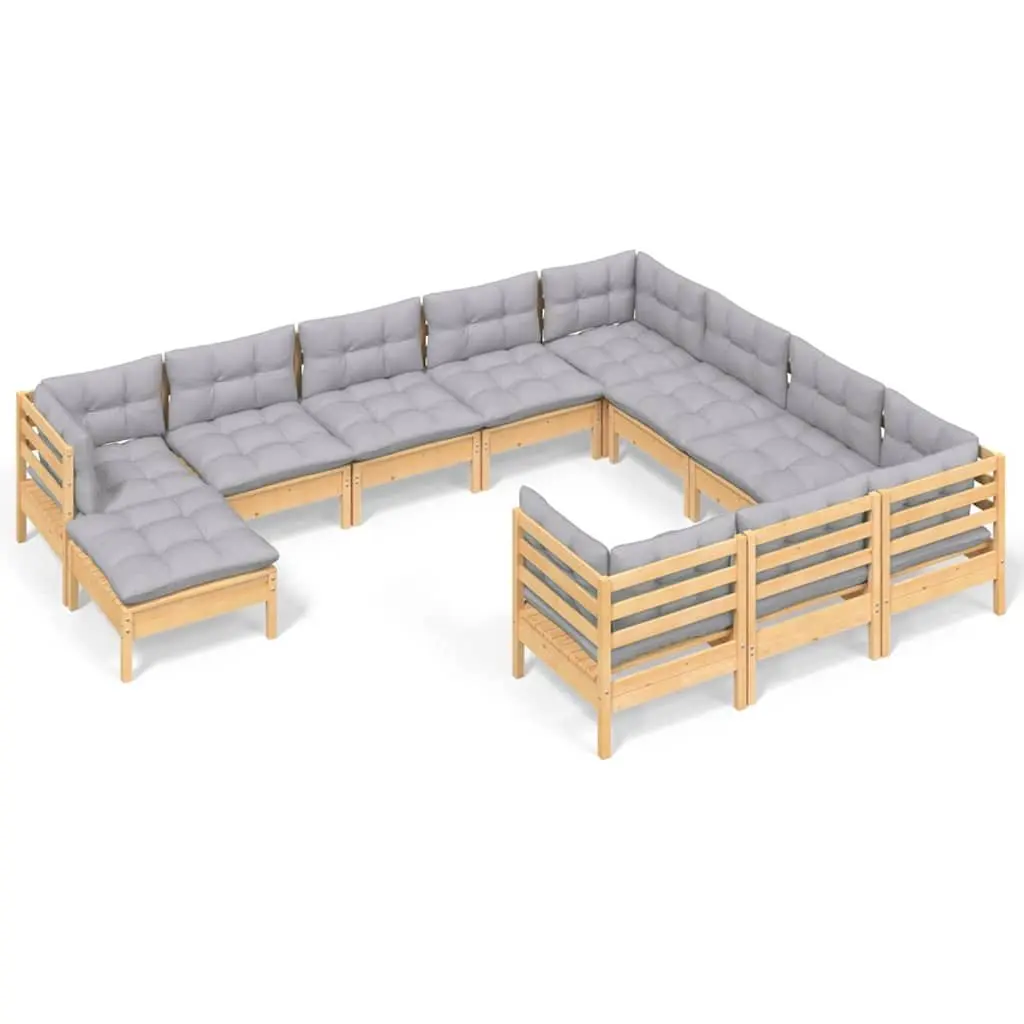 Garden Lounge Set 11 Piece Outdoor Patio Furniture Grey Cushions Pinewood