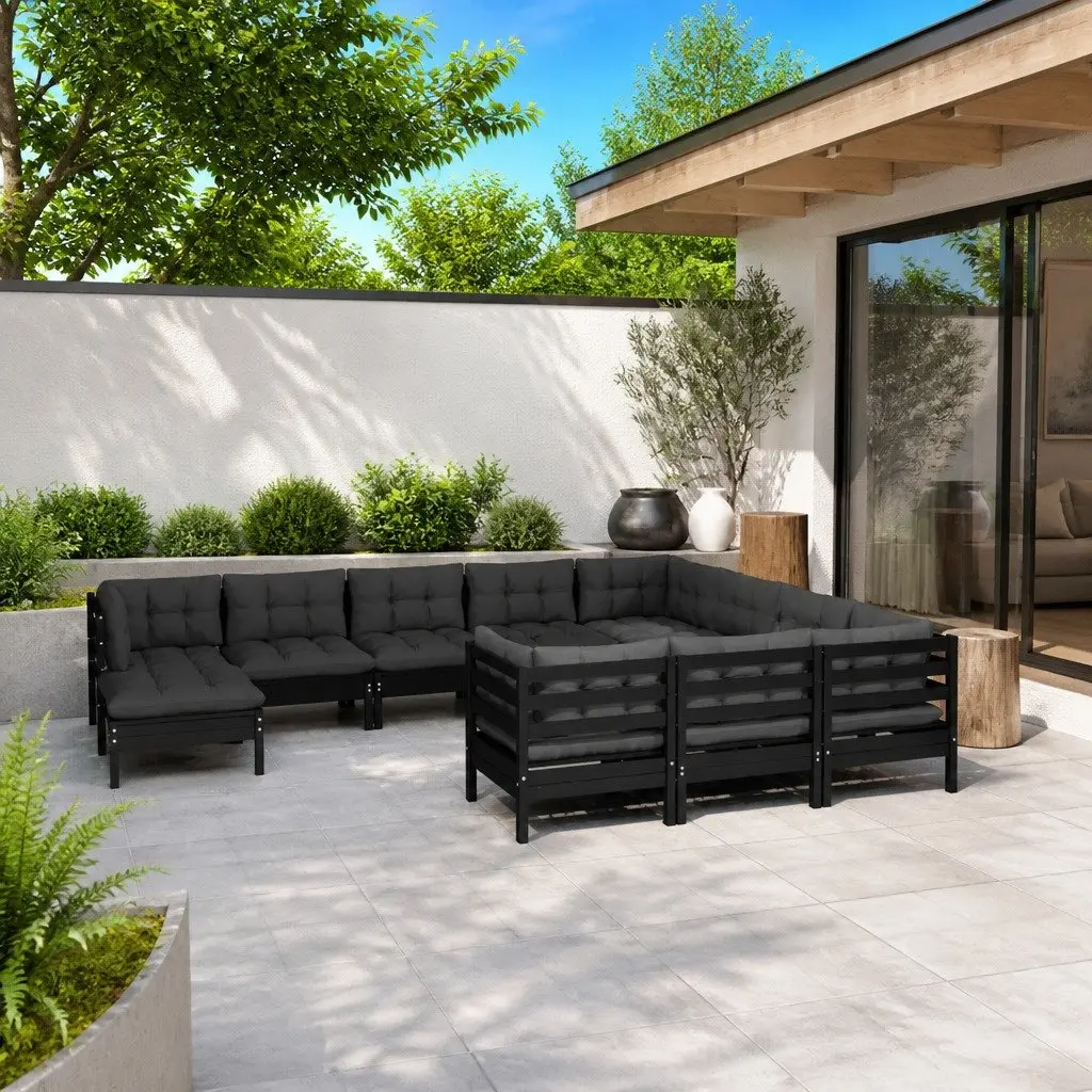Garden Lounge Set 11 Piece Outdoor Patio Furniture with Cushions Black Pinewood