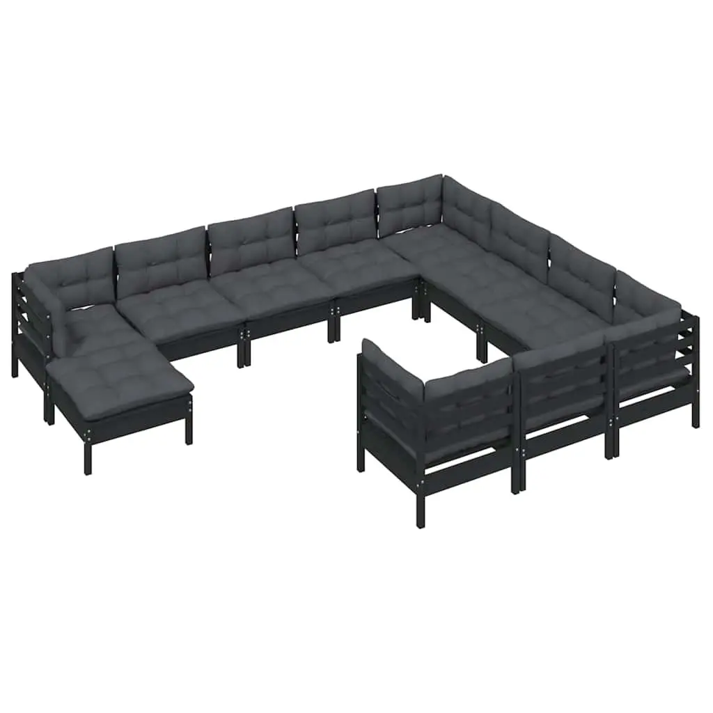 Garden Lounge Set 11 Piece Outdoor Patio Furniture with Cushions Black Pinewood