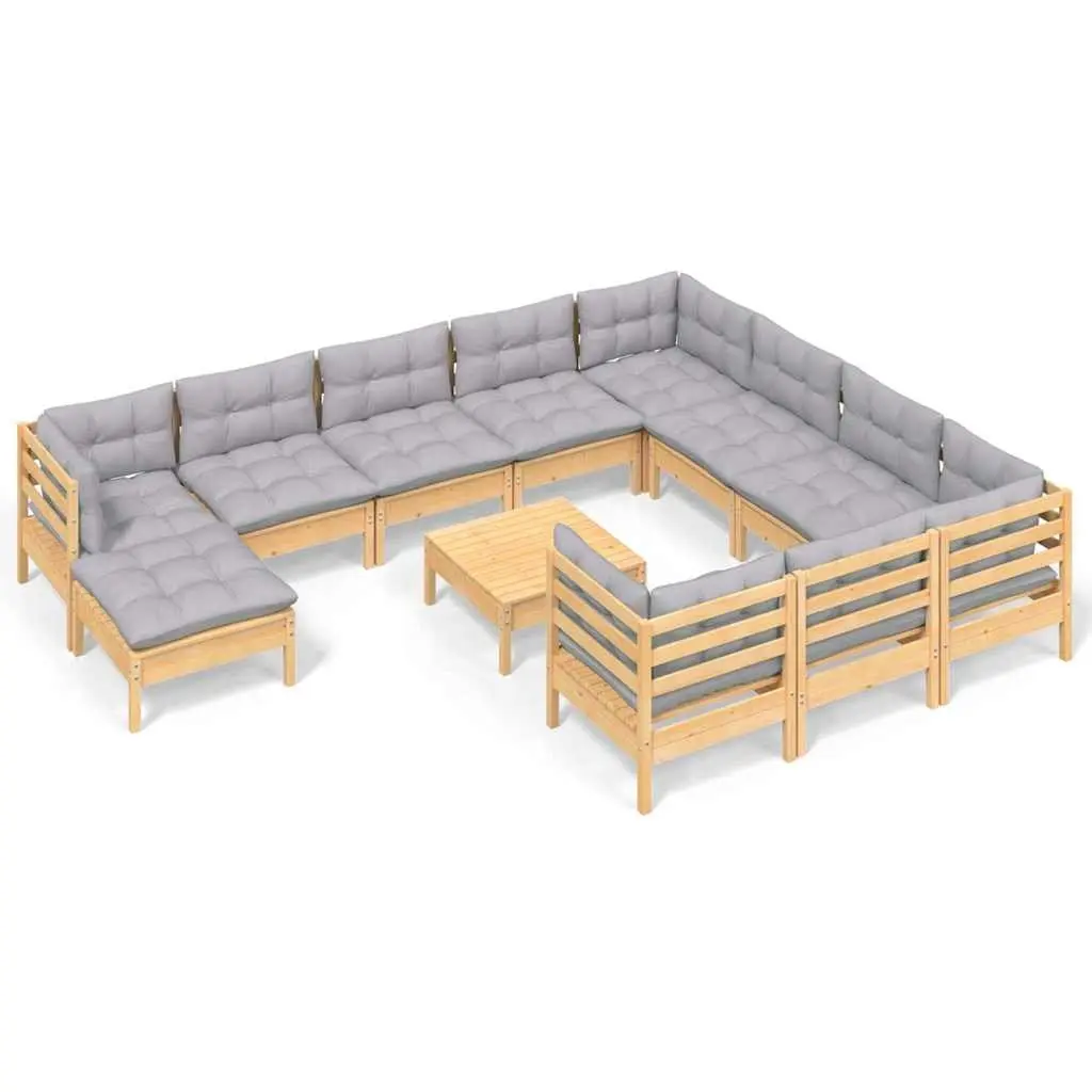 Garden Lounge Set 12 Piece Outdoor Patio Furniture Grey Cushions Pinewood