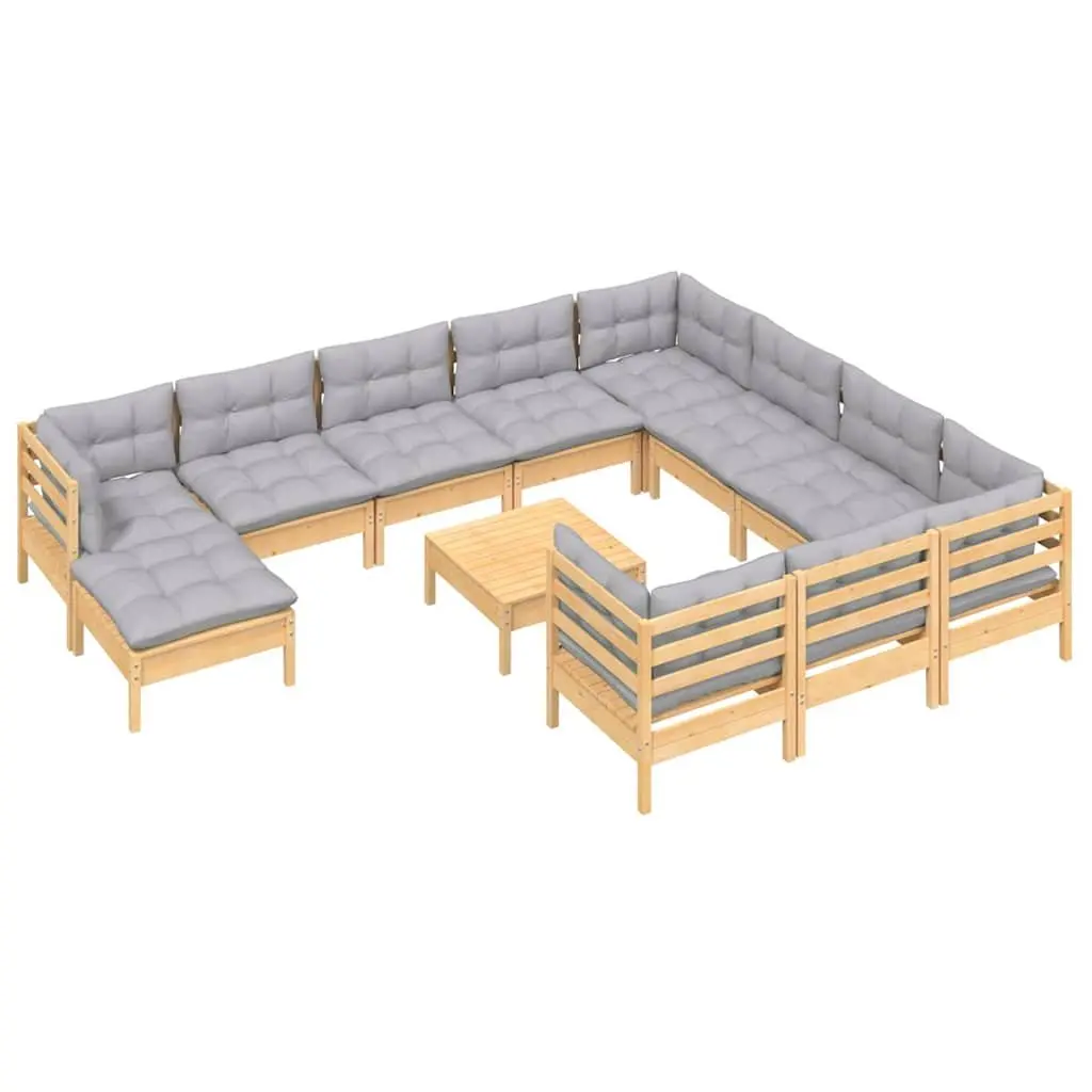 Garden Lounge Set 12 Piece Outdoor Patio Furniture Grey Cushions Pinewood