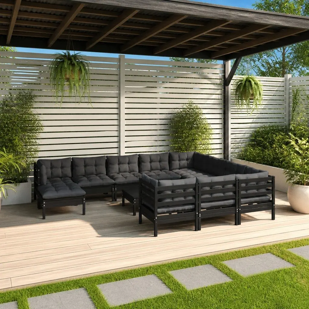 Garden Lounge Set 12 Piece Outdoor Patio Furniture Black Pinewood with Cushions