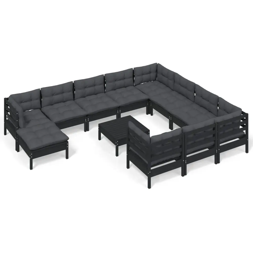 Garden Lounge Set 12 Piece Outdoor Patio Furniture Black Pinewood with Cushions