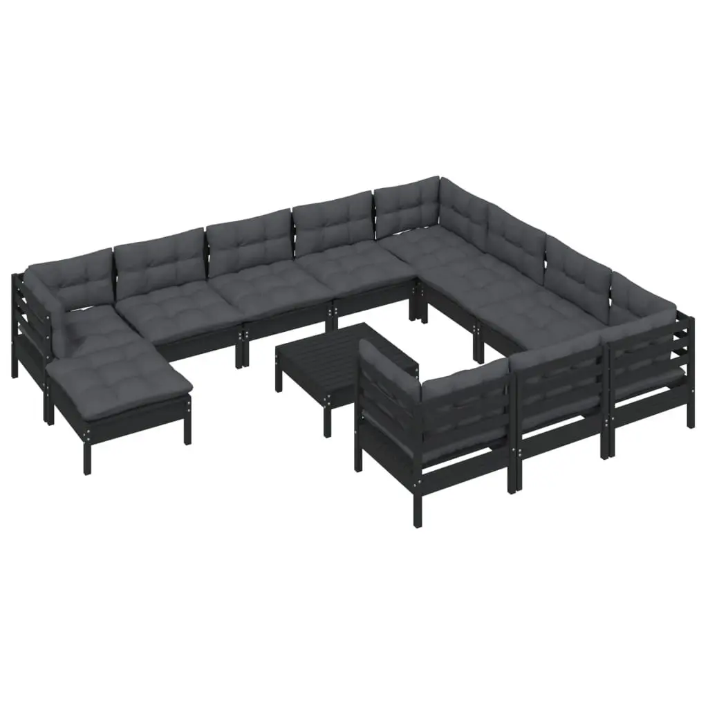 Garden Lounge Set 12 Piece Outdoor Patio Furniture Black Pinewood with Cushions