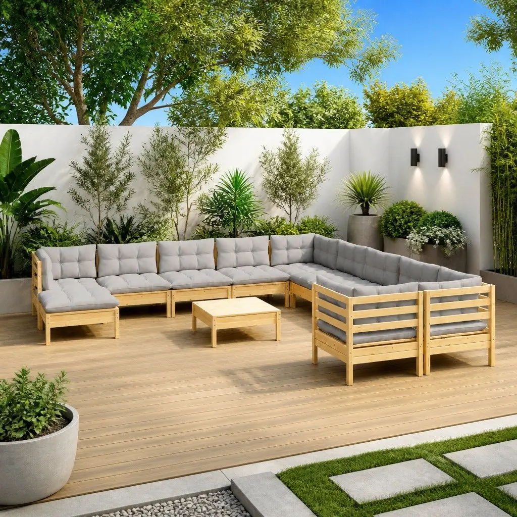 Outdoor Garden Lounge Set 12 Piece Pinewood Patio Furniture Grey Cushions